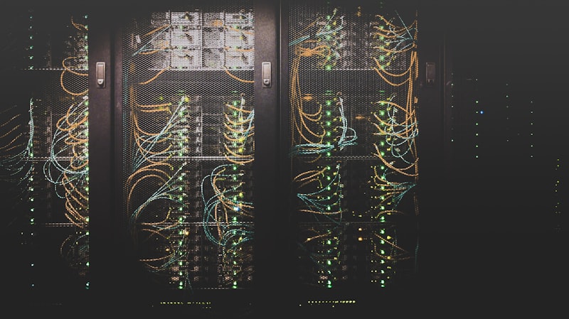 Server room with network infrastructure representing web hosting